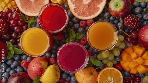 Close up image with four glasses full of fruit and berry juices surrounded