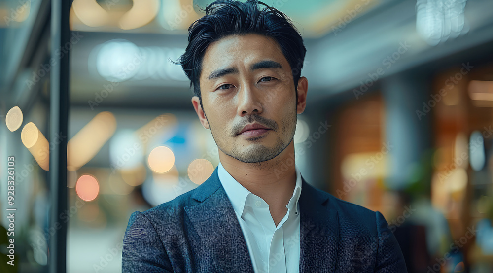 Obraz premium A handsome and intelligent Korean consultant in a suit, exudes a futuristic atmosphere. Generative AI.