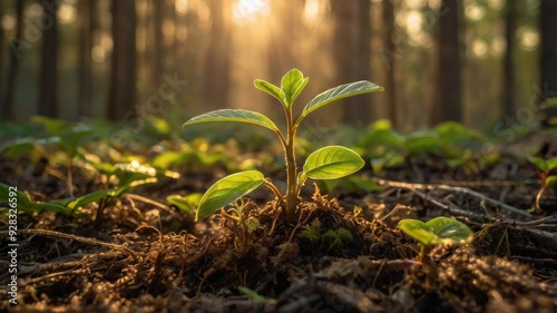 New plant sprouting in forest under sunlight