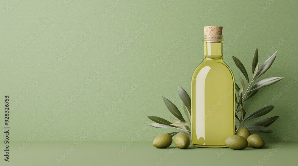 Artistic 3D Render of Organic Olive Oil Bottle Surrounded by Fresh Olives and Leaves for Branding Concepts, Generative AI Artistic 3D Render of Organic Olive Oil Bottle Surrounded by Fresh Olives and Leaves for Branding Concepts, Generative AI