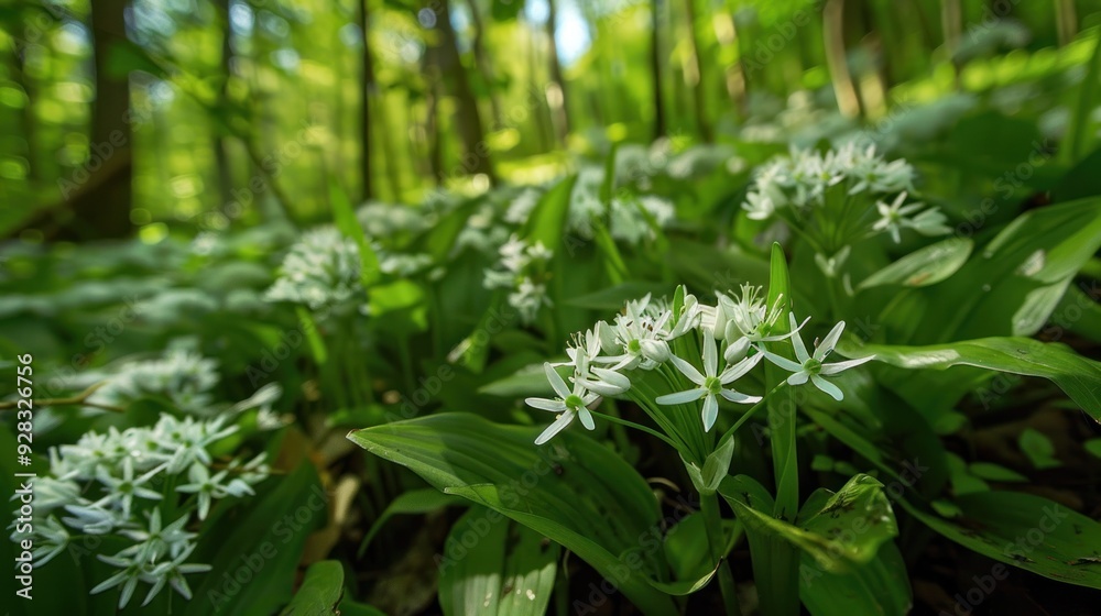 close up of white wild garlic flowers and green leaves in the forest, spring nature background close up of white wild garlic flowers and green leaves in the forest, spring nature background