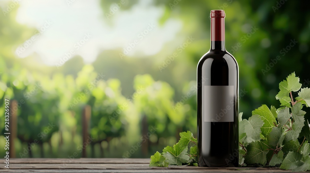 Fototapeta premium Premium Organic Wine Bottle Displayed in Front of Lush Vineyard Landscape - 3D Illustration, Generative AI