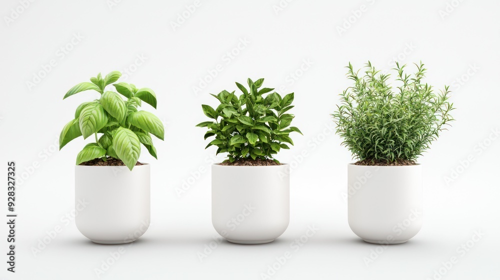 Lush Organic Herb Garden in Pots - Fresh Basil, Mint, and Rosemary 3D Illustration, Generative AI Lush Organic Herb Garden in Pots - Fresh Basil, Mint, and Rosemary 3D Illustration, Generative AI