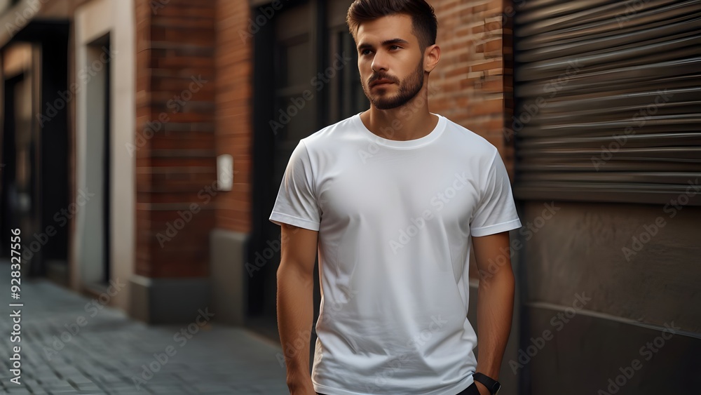 A young muscular male model stands confidently in a mock up white t shirt, surrounded by an urban backdrop during the late afternoon. Generative AI A young muscular male model stands confidently in a mock up white t shirt, surrounded by an urban backdrop during the late afternoon. Generative AI