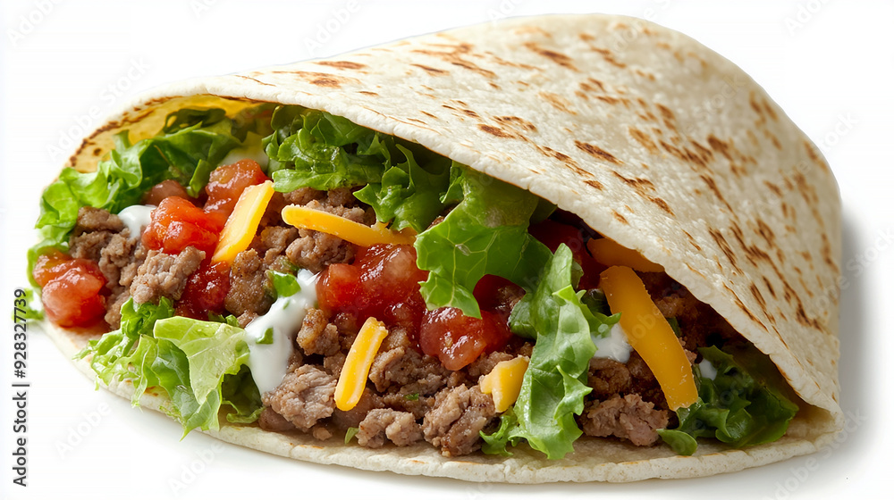 taco filled with seasoned meat, lettuce, cheese, and salsa, isolated on a white background taco filled with seasoned meat, lettuce, cheese, and salsa, isolated on a white background