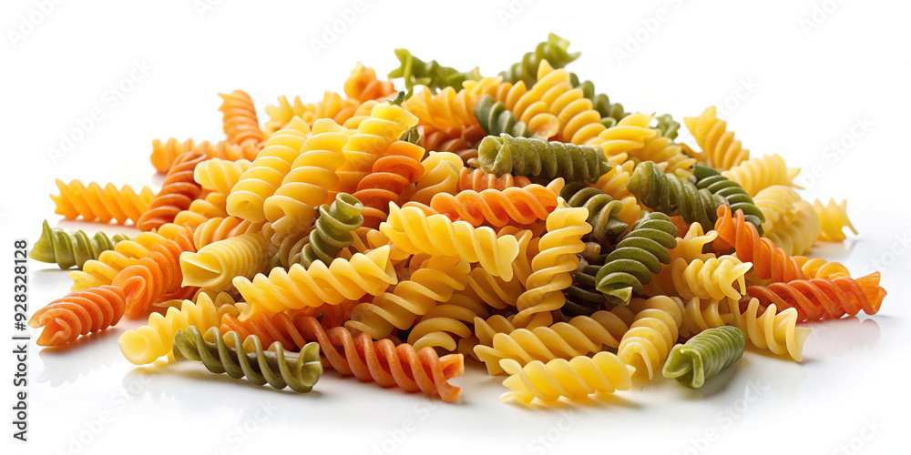 Falling raw fusilli rotini uncooked Italian pasta isolated on white background Falling raw fusilli rotini uncooked Italian pasta isolated on white background