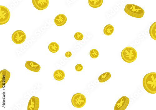 奥からたくさんのお金、円、硬貨が飛び出してくるイラスト