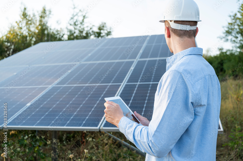 Maintenance engineer with tablet PC examining solar panel in field Maintenance engineer with tablet PC examining solar panel in field