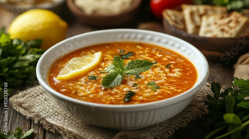 Arabic soup served in a white bowl, accompanied by Turkish Pacanga Böreği (a savory pastry) and cheddar cheese. photo