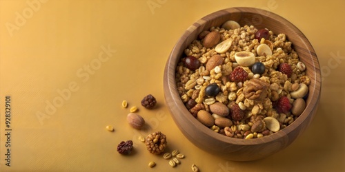 Organic granola, with nuts and dried fruits, 3D illustration. copy space for text, no text, no logo photo