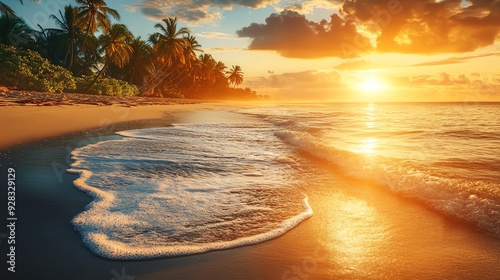 Beautiful tropical sunset on a sandy beach with palm trees and gentle ocean waves creating a serene and idyllic scenery. photo