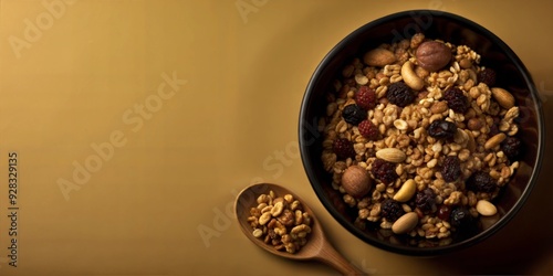 Organic granola, with nuts and dried fruits, 3D illustration. copy space for text, no text, no logo