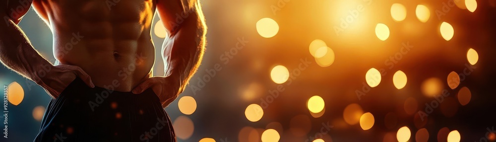 A fit individual showcasing a muscular physique against a vibrant, bokeh background, highlighting strength and determination. A fit individual showcasing a muscular physique against a vibrant, bokeh background, highlighting strength and determination.