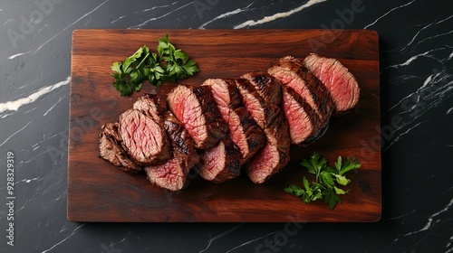 A close-up view of sliced grilled beef on a wooden board, set against a stone background. The medium-rare roast beef is presented from the top, showcasing its juicy texture and rich color.