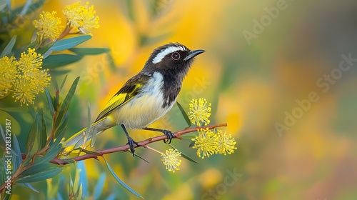 A dainty and chirpy Australian New Holland honeyeater (Phylidonyris novaehollandiae) perched on a branch of a melaleuca shrub after sipping nectar, enjoying a fine sunny morning in early winter. photo