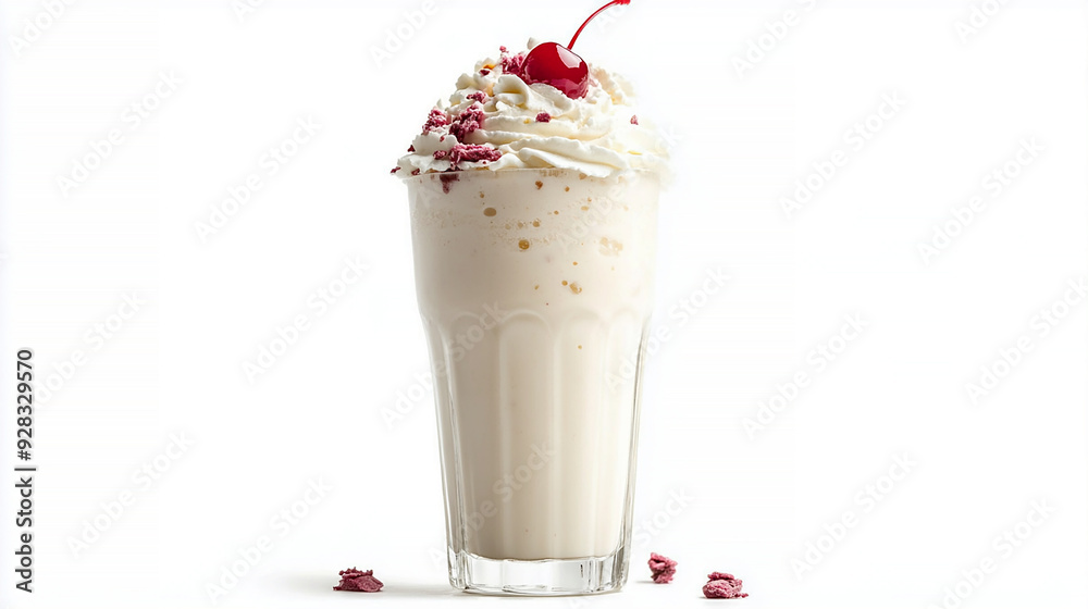 tall glass of milkshake with whipped cream and a cherry on top, isolated on a white background