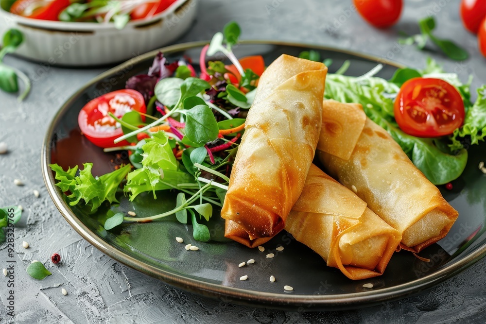 A spring roll and salad in Chinese style on a plate