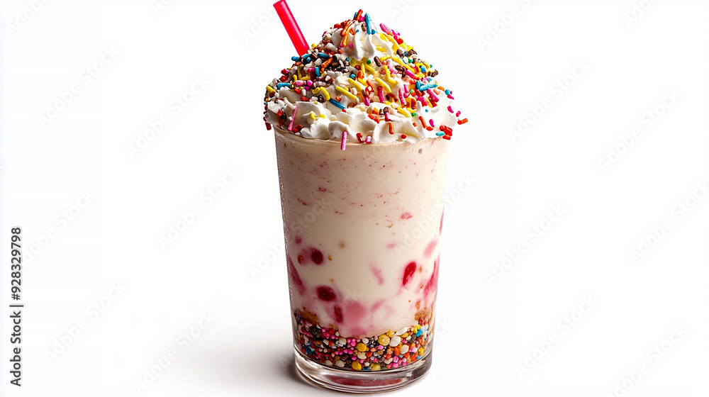 tall glass of milkshake with whipped cream and a cherry on top, isolated on a white background
