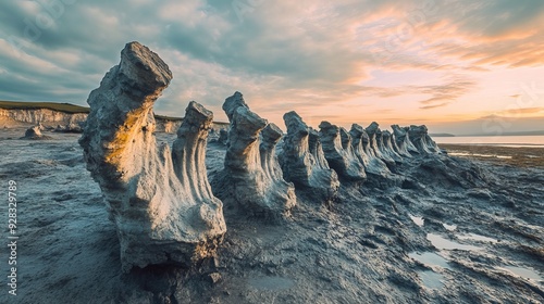 The Fossil Forest in Dorset, England, features ancient fossilized trees and remnants of prehistoric forests, offering a glimpse into the region's distant geological past. photo