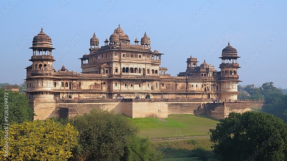 Obraz premium The Jahangir Mahal in Orchha, Madhya Pradesh, India, is an exquisite historical palace known for its stunning Mughal architecture and intricate design.