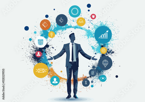 Business Perfection Illustration: Businessman Juggling Multiple Business Icons Representing Risk Control, Strategy, and Growth in Professional Minimalistic Vector Art