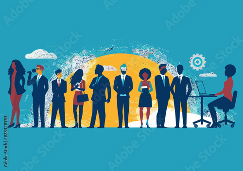 Diverse Business Team Cooperating in Office Setting, Professional Teamwork and Collaboration Concept, Minimalistic Vector Illustration, Wide Format