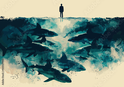 Businessman Balancing Over Shark-Infested Waters Conceptual Illustration - Risky Decisions and Corporate Challenges in Business, Minimalistic Vector