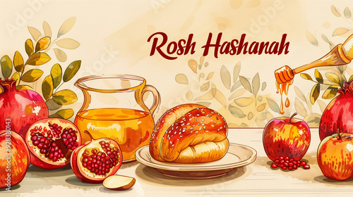 Festive table setting with challah, apples, pomegranates, and honey for Rosh Hashanah.