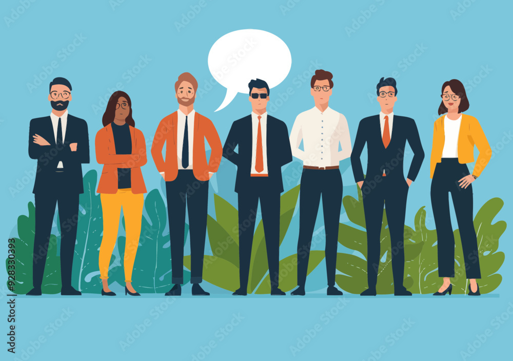 Business Team and Leader Concept Illustration with Diverse Team Members and Speech Bubble, Vector Image for Leadership and Collaboration Themes