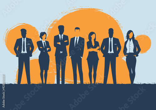 Business Team Leadership - Professional Corporate Group with Leader in Front, Ready to Work, Minimalistic Vector Illustration with Speech Bubble, Daytime Setting, Motivational and Ambitious Theme