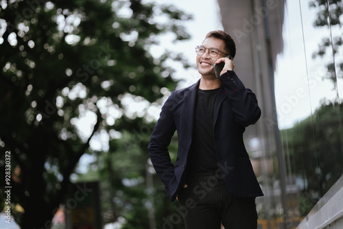 Confident Asian businessman in modern city, smiling while using smartphone outdoors, wearing professional suit, representing success and connectivity in digital age. photo