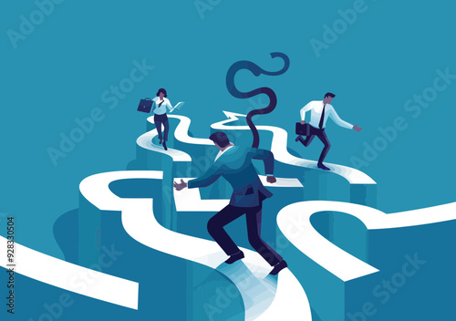 Navigating Business Challenges: Corporate Professionals Run Through Complex Maze to Achieve Success in Competitive Business Career - Minimalistic Vector Illustration, Concept of Overcoming Obstacles