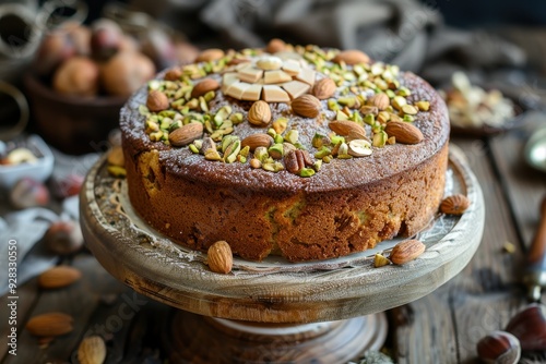 Almond and pistachio topped cake made with fresh chestnuts photo