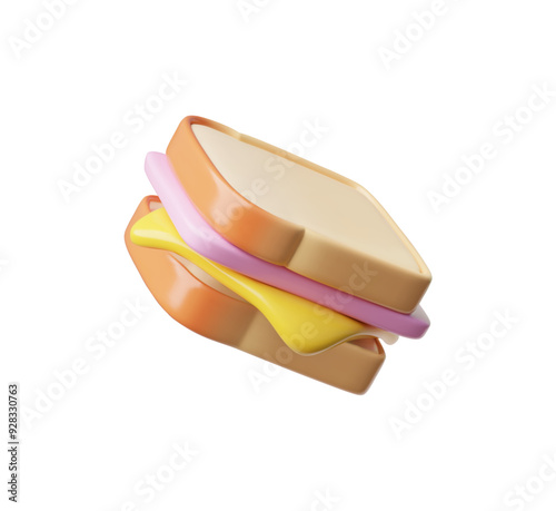 Sandwich 3D plastic style vector icon, toasted bread slices with cheese and ham, cartoon volume fast food, tasty snack