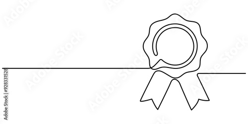 Award Ribbon Continuous Line Icon, Quality and compliance, award to winner, continuous one art line drawing. Assurance sign, premium level, product warranty. Rosette ribbon with tick. Vector outline