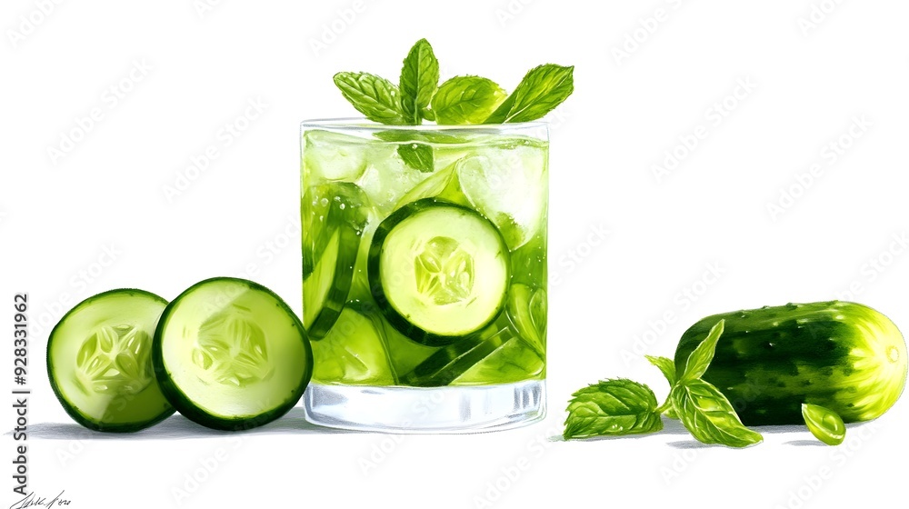 Hand-drawn sketch of a cucumber mint cooler with detailed shading, pencil on paper texture, minimalist design, focusing on the simplicity and freshness of the drink. Hand-drawn sketch of a cucumber mint cooler with detailed shading, pencil on paper texture, minimalist design, focusing on the simplicity and freshness of the drink.