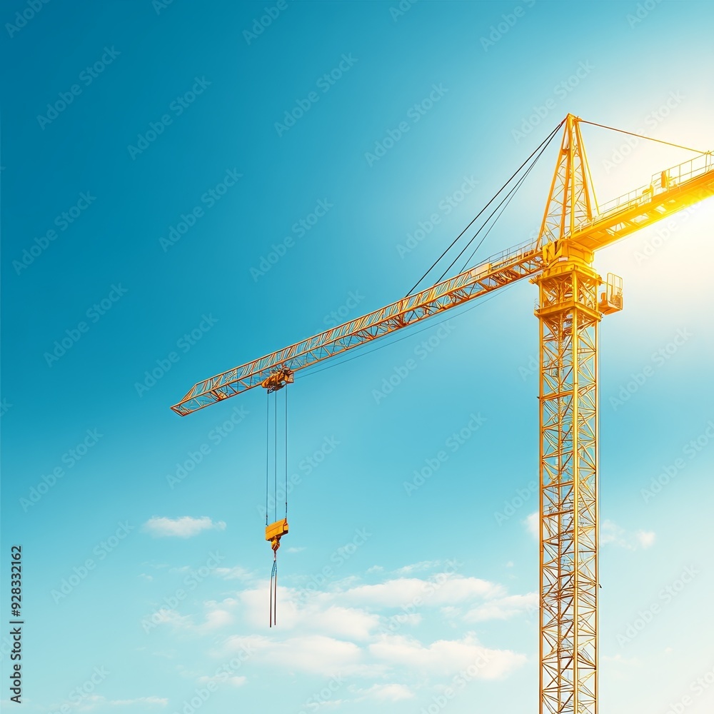 Tower crane at construction site against clear blue sky with bright sunlight, symbolizing development, progress, and architectural innovation. Tower crane at construction site against clear blue sky with bright sunlight, symbolizing development, progress, and architectural innovation.