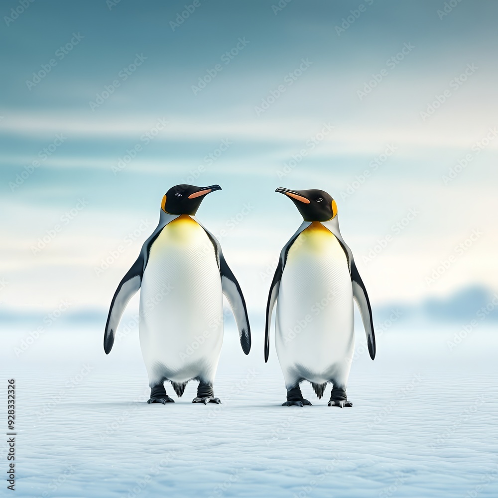 Fototapeta premium Two penguins stand together on icy ground under a clear sky, showcasing their natural beauty in a serene, frozen landscape.