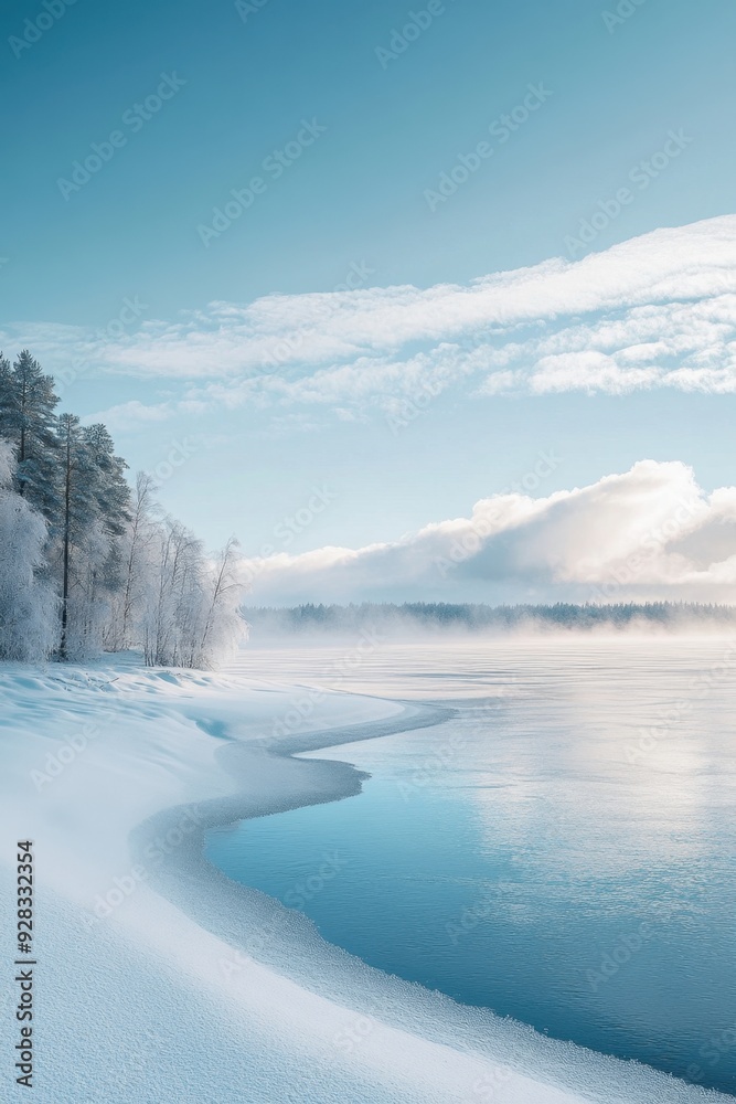 Obraz premium Independence day of Finland celebration. Winter snowy landscape. Texture of crumpled fabric. Vertical banner. Free space for text. Holiday poster, card. Blue and white landscape