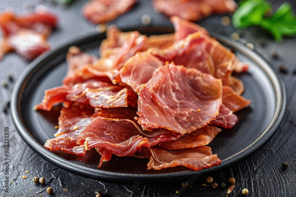 Assorted dried meats on a plate including chicken beef and pork with rustic backdrop Assorted dried meats on a plate including chicken beef and pork with rustic backdrop