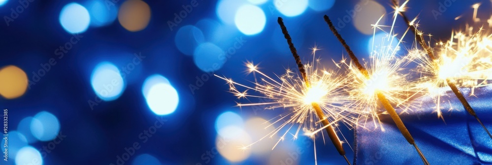 Independence day of Finland celebration. Sparklers on a background in colors of the Finland flag. Bokeh effect. Horizontal banner. Free space for text. Holiday poster, card. Blue and white background Independence day of Finland celebration. Sparklers on a background in colors of the Finland flag. Bokeh effect. Horizontal banner. Free space for text. Holiday poster, card. Blue and white background