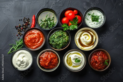 Assorted dip sauces in various bowls from above on dark background photo