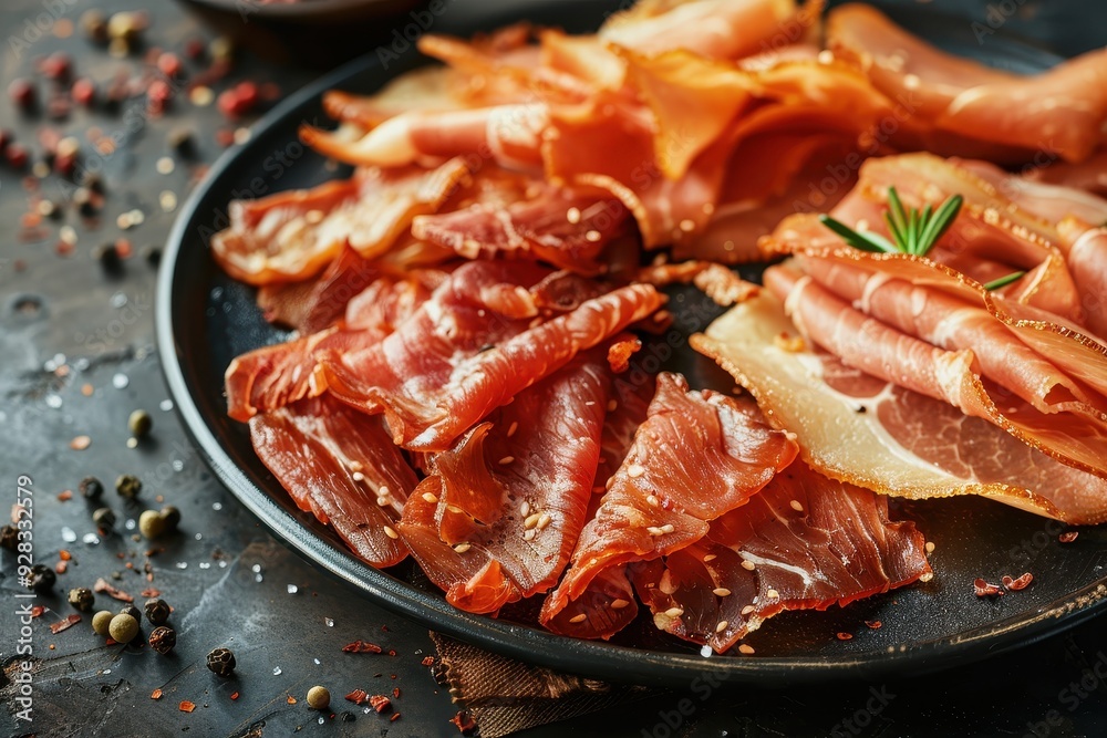 Assorted jerkies on black plate rustic background Assorted jerkies on black plate rustic background