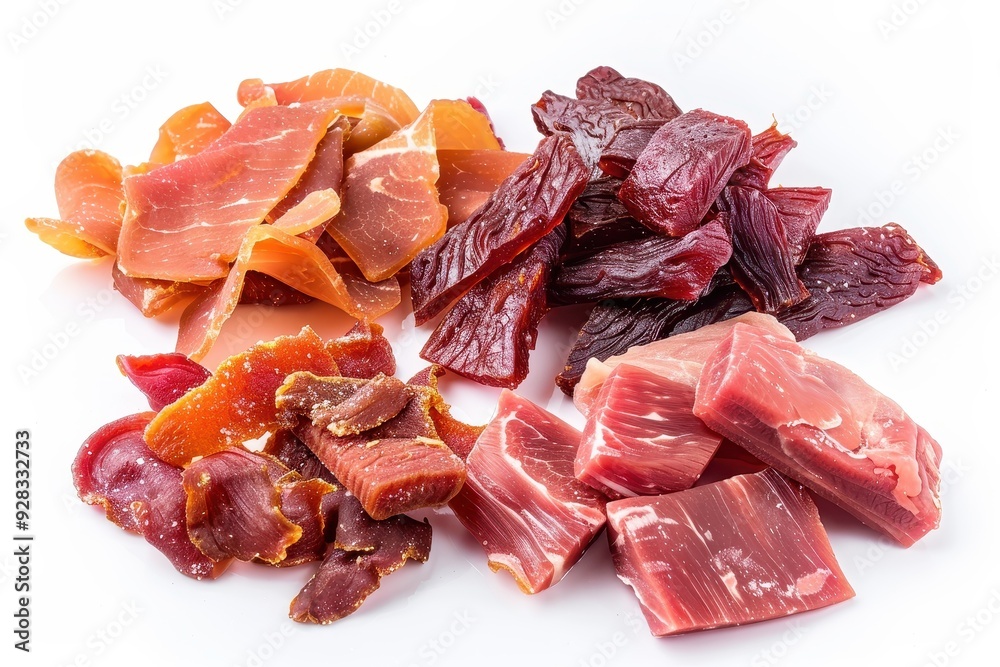 Assorted jerky snacks on white background Assorted jerky snacks on white background