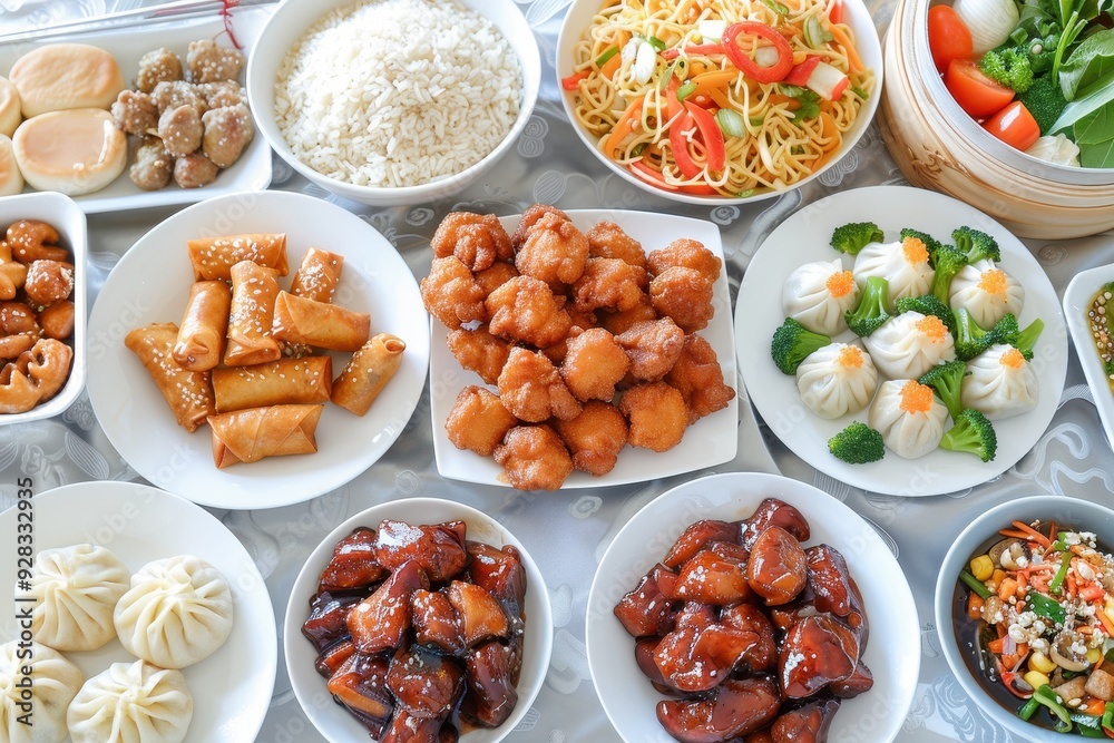Assortment of Chinese food on table sweet and sour chicken spring rolls noodles rice steamed buns with BBQ pork Asian banquet buffet top view with space Assortment of Chinese food on table sweet and sour chicken spring rolls noodles rice steamed buns with BBQ pork Asian banquet buffet top view with space