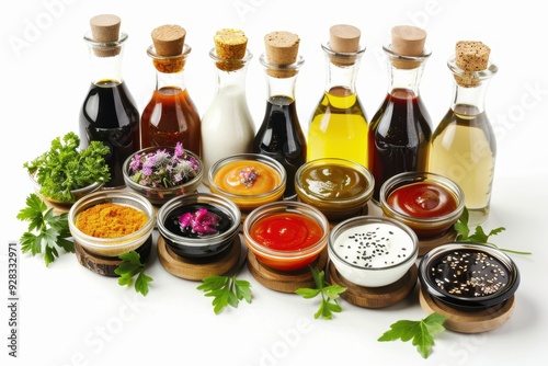 Assortment of homemade dressings including oils vinaigrettes mustards and ranch photo