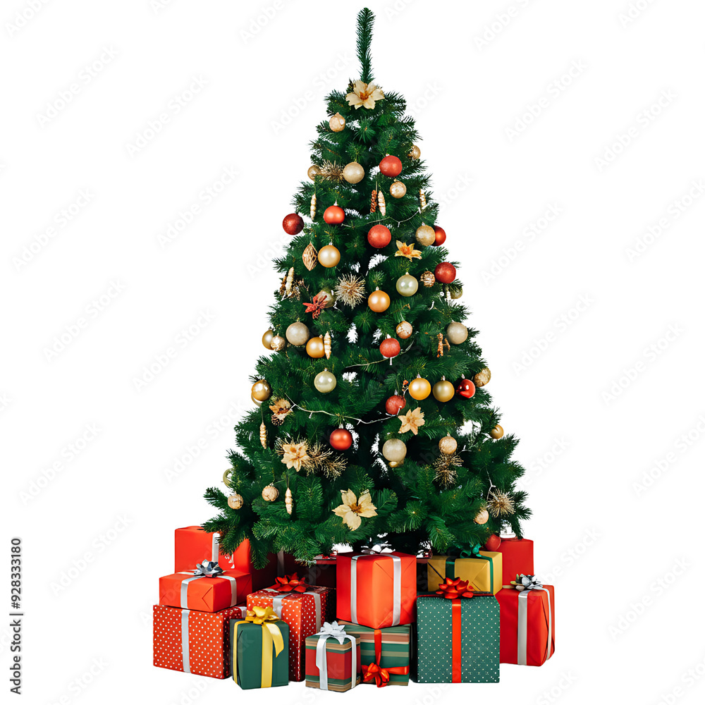 Decorated Christmas tree with presents for new year. png isolated background. transparent background Decorated Christmas tree with presents for new year. png isolated background. transparent background