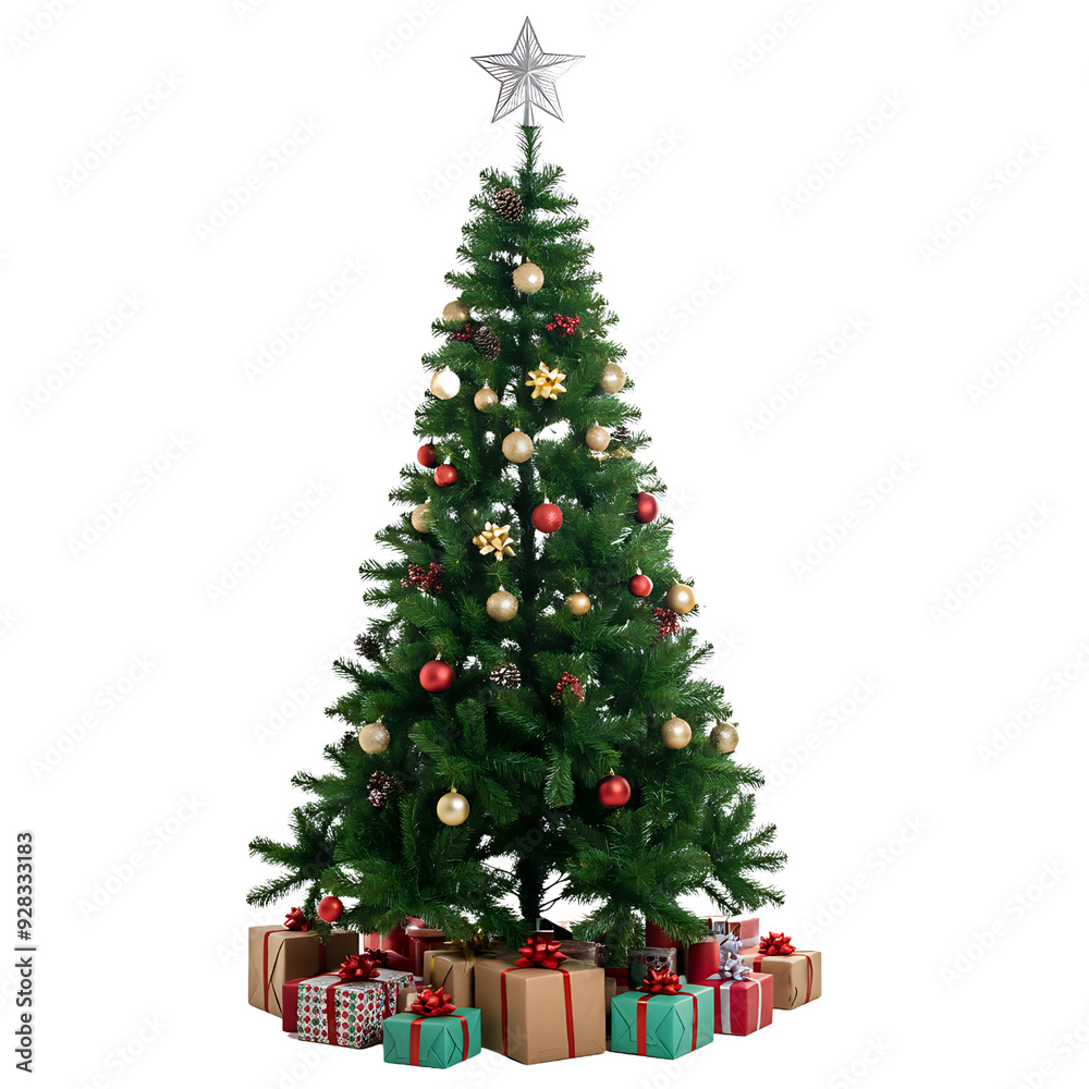 Decorated Christmas tree with presents for new year. png isolated background. transparent background Decorated Christmas tree with presents for new year. png isolated background. transparent background
