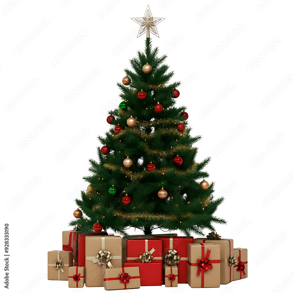 Decorated Christmas tree with presents for new year. png isolated background. transparent background Decorated Christmas tree with presents for new year. png isolated background. transparent background