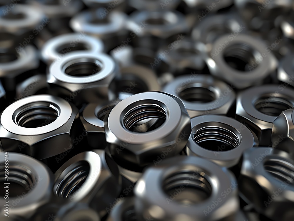3D render of industrial nuts and washers, realistic 3D render of industrial nuts and washers, realistic